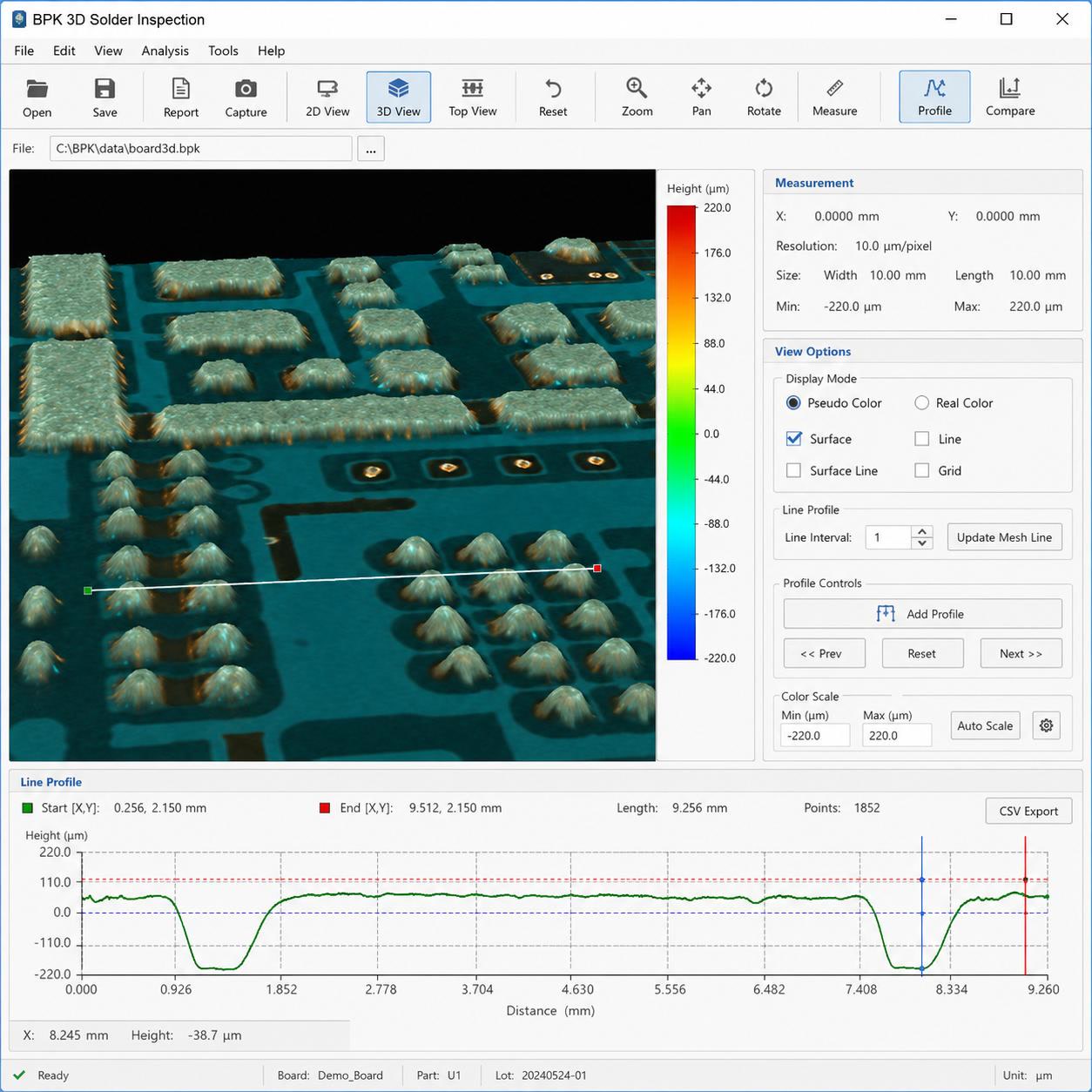 BPK 3D solder inspection software showing a paste height profile